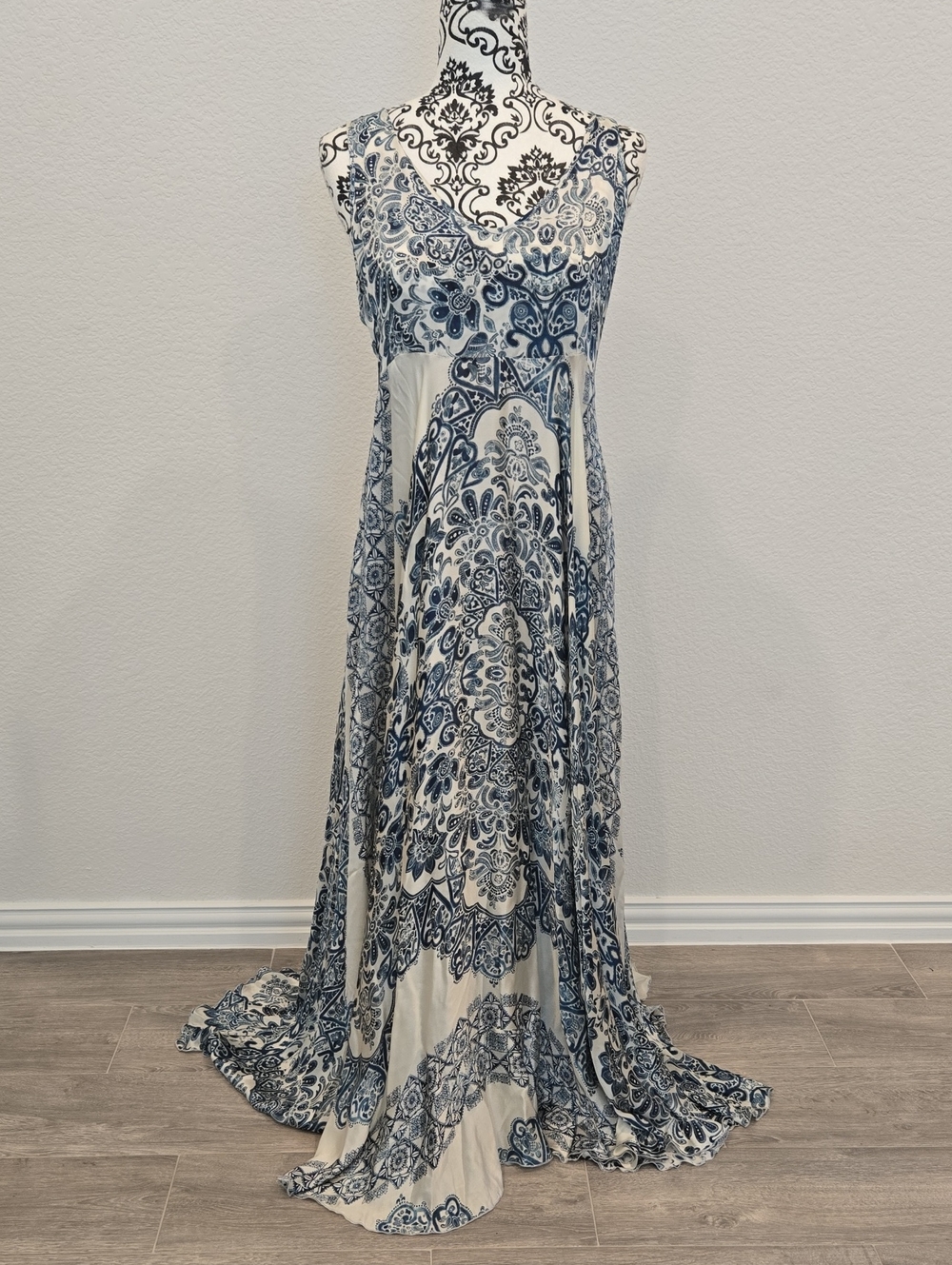 Biya - Grecian/Bohemian Sleeveless Blue & White Printed Maxi Dress